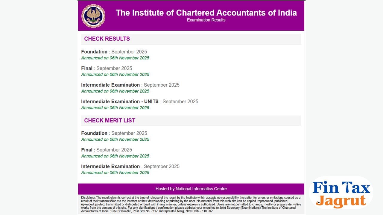 CA Result website homepage Sep 2025